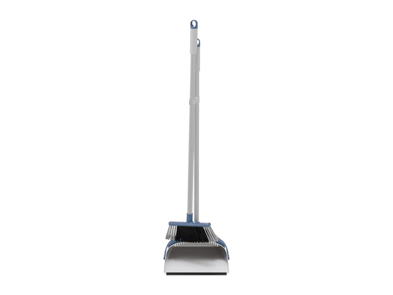 A broom and dustpan set with long handles stand upright.