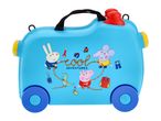 Blue children's ride-on suitcase with cartoon characters and 'Cool Adventures' text.