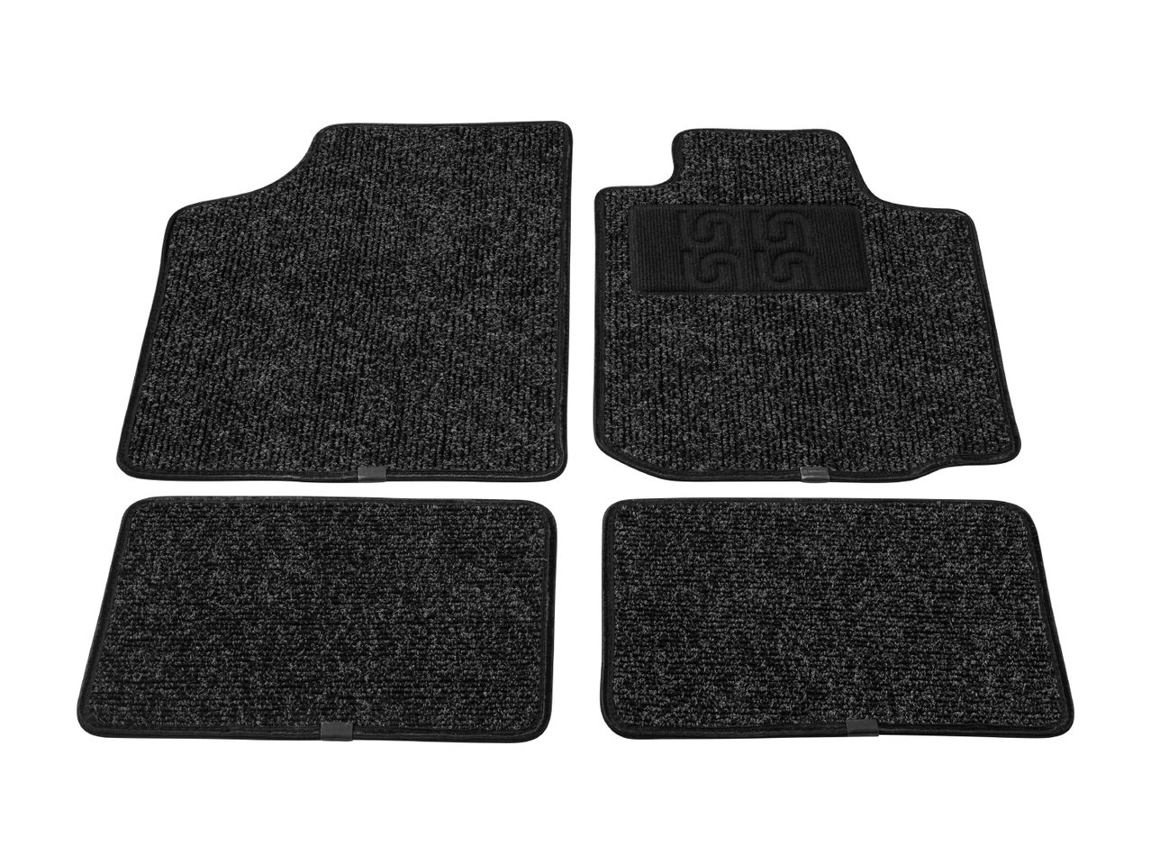 Set of four black car floor mats with a textured surface, two larger and two smaller, with a 'SS' logo on one of the larger mats.