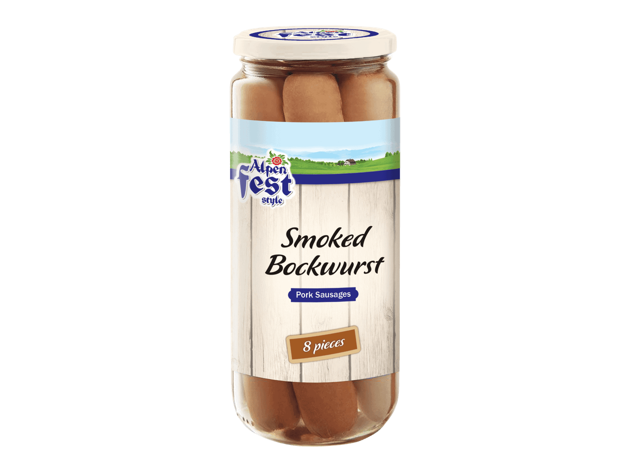 Lasi purkki savustettuja bockwurst-makkaroita, 8 kappaletta, puukuvioisella etiketillä.