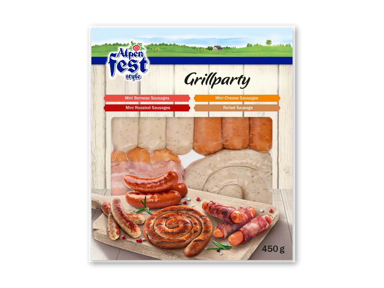 Grillparty-pakke med mini Bernerpølser, mini ristede pølser, mini ostepølser og rullet pølse, 450 g.