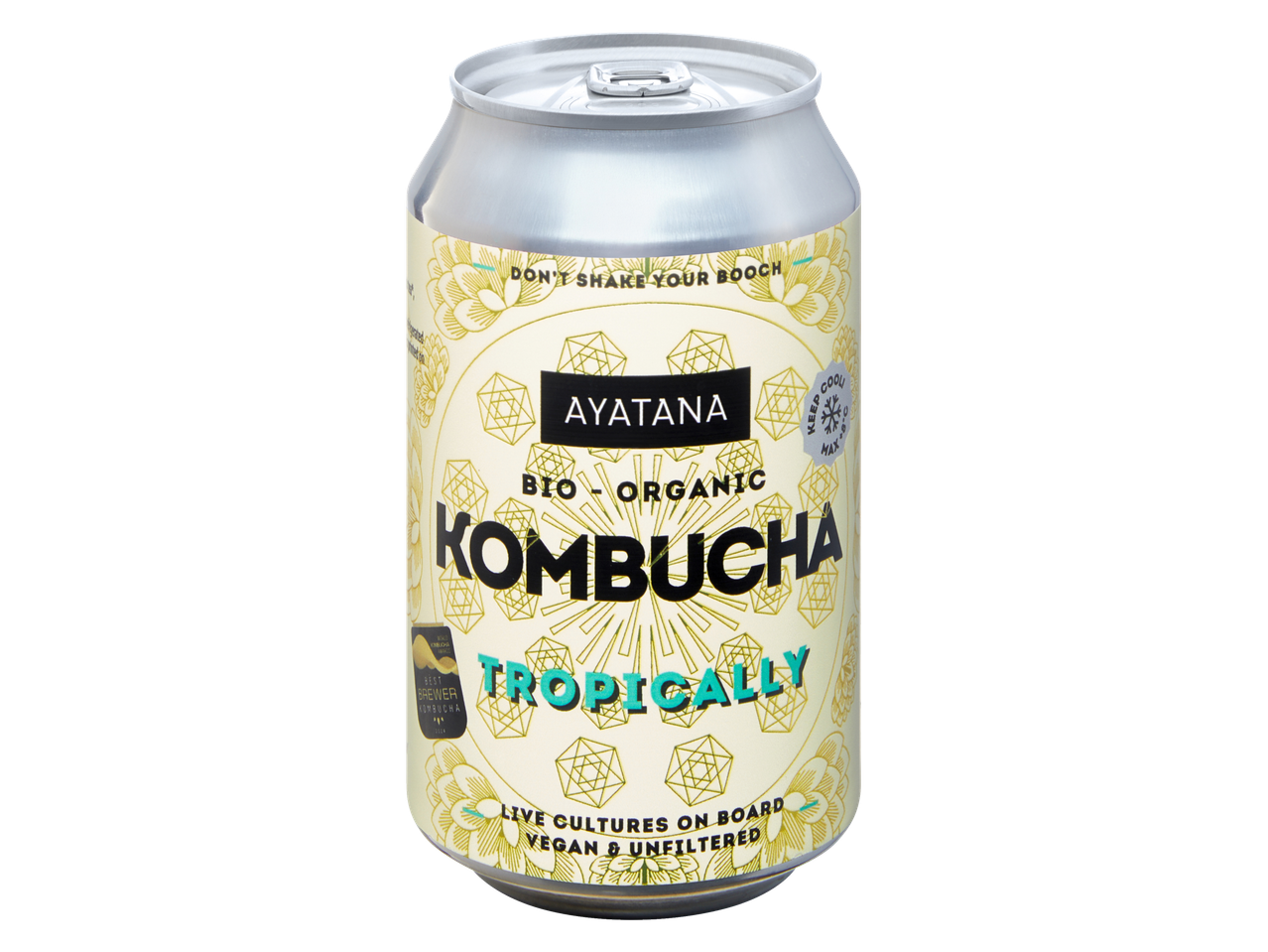 Ayatana Bio-Organic Kombucha drank met tropische smaak.