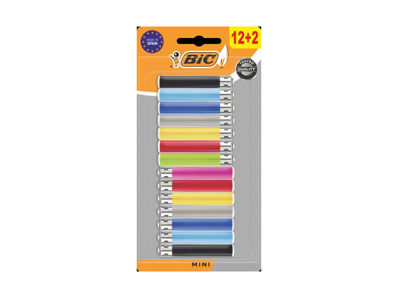 Packung mit 14 BIC Mini Feuerzeugen in verschiedenen Farben.
