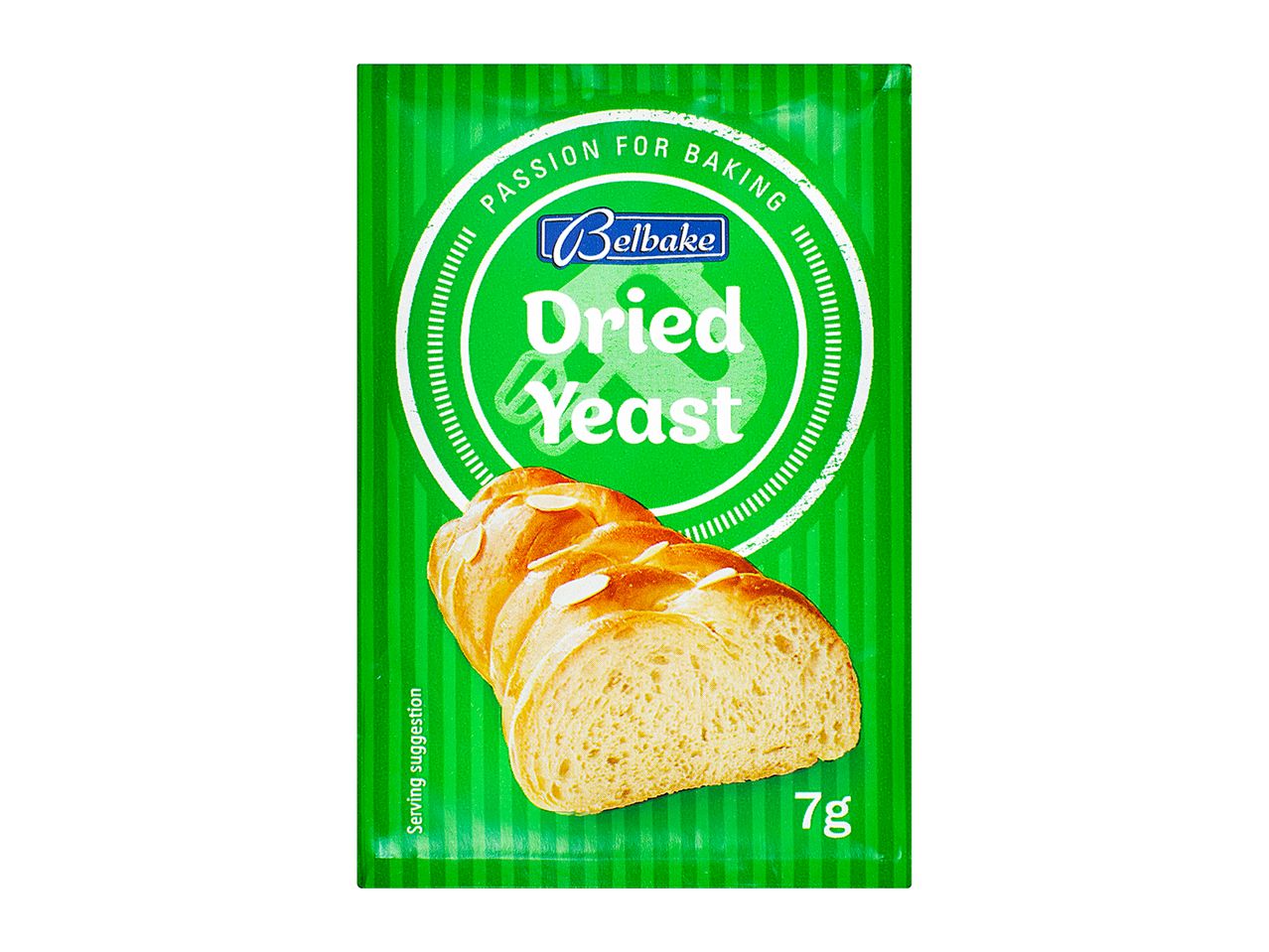 Belbake dried yeast: green packet, bread shown.