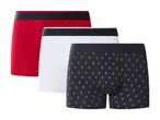 Three men's boxer briefs: red, white, and navy with white anchor print.