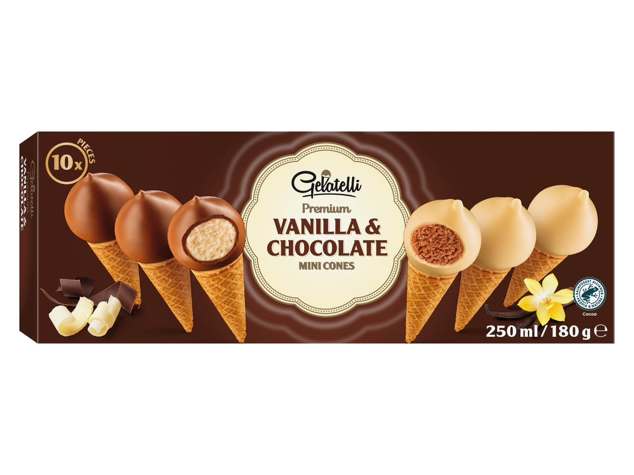Mini cornete Gelatelli Premium Vanilie & Ciocolată: 10 bucăți, 250 ml/180 g.
