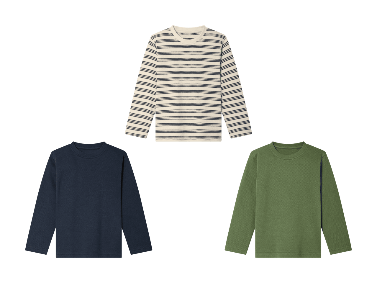 Drei Langarmshirts: eines gestreift, eines dunkelblau und eines olivgrün.