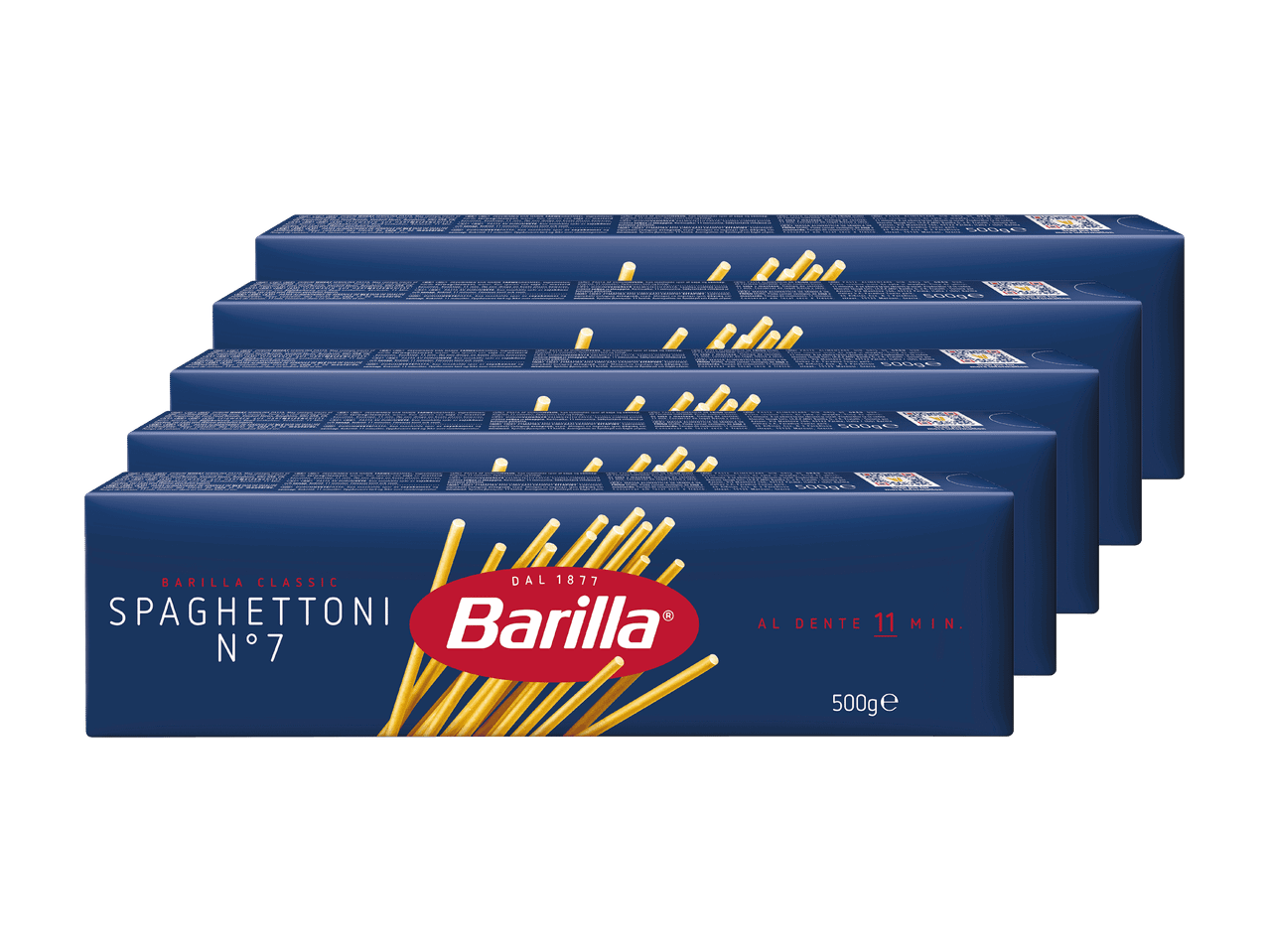 Paquets de spaghettis Barilla Spaghettoni N°7, 500g, temps de cuisson 11 minutes.