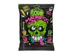 Sour skull-shaped fruit-flavoured hard candies in a black bag with a zombie design.