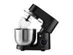 Black stand mixer with a stainless steel bowl and whisk, displaying a digital timer.