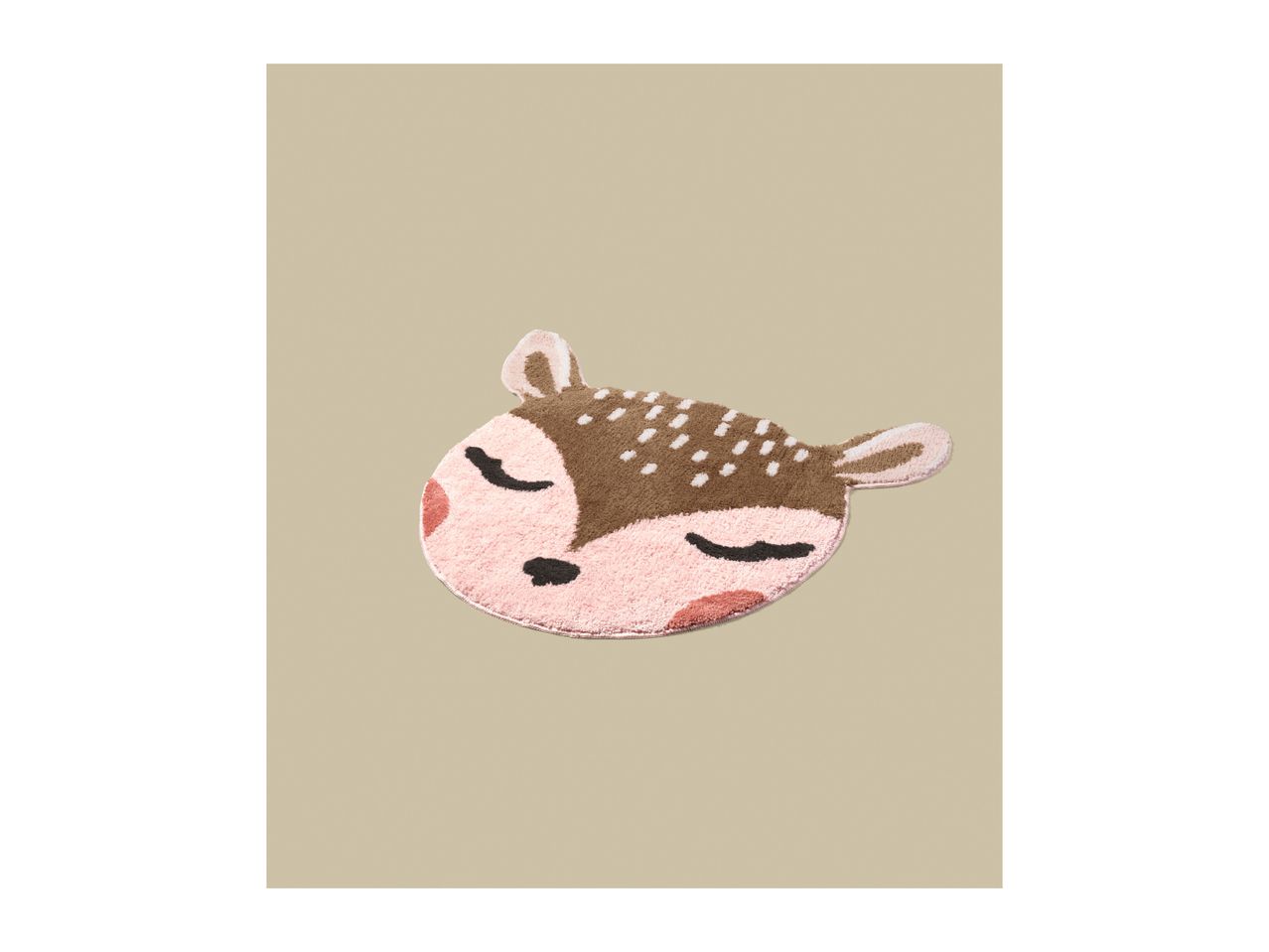 Deer-shaped bath mat with closed eyes and pink cheeks
