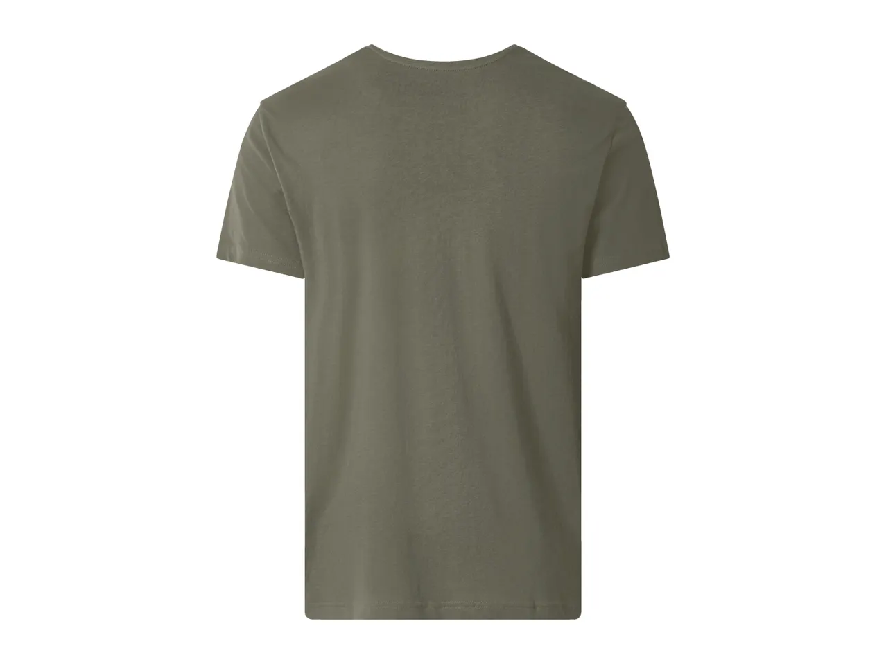 Plain olive green men's t-shirt, back view.