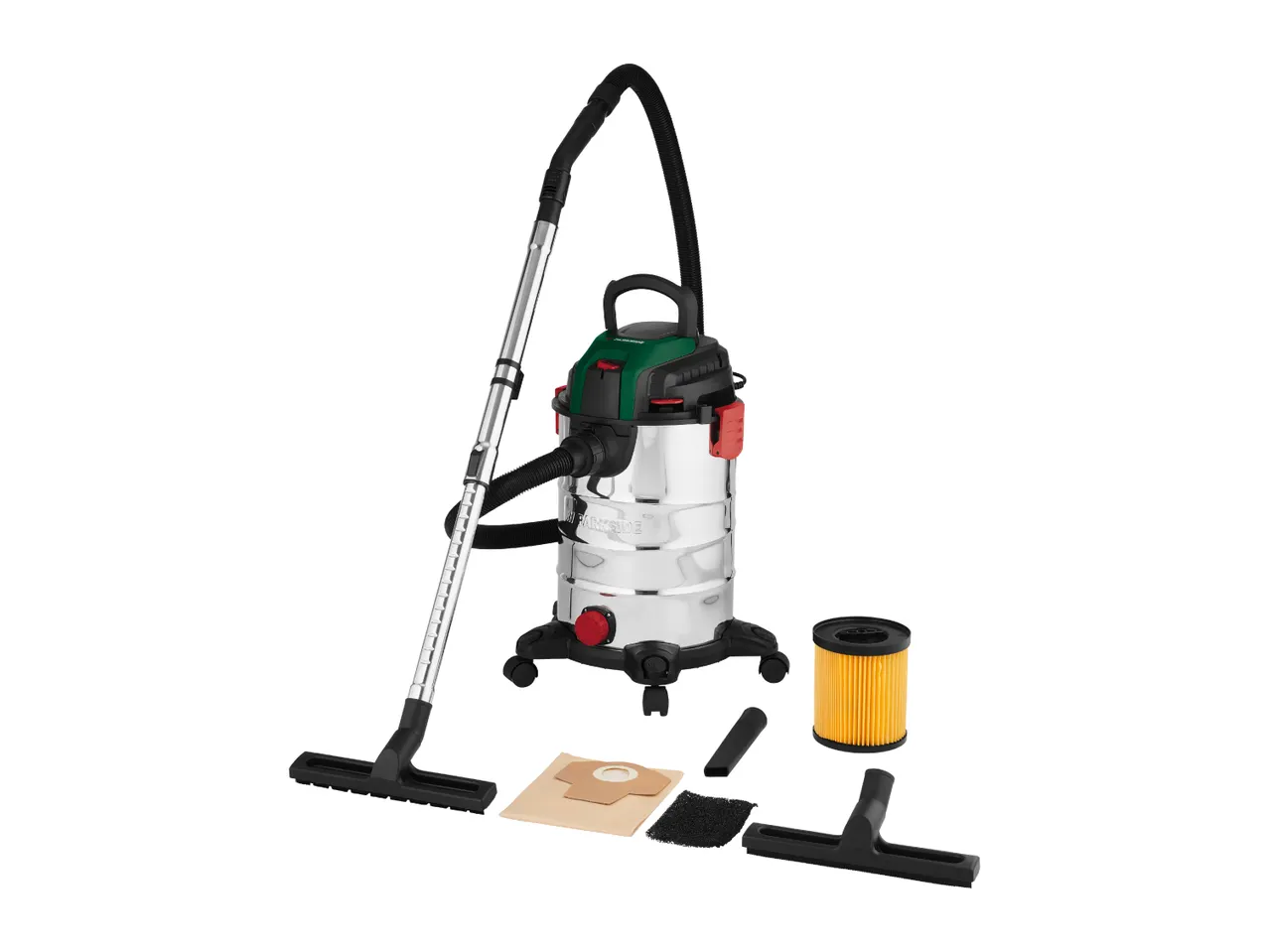 Parkside wet and dry vacuum cleaner with accessories including filters and nozzles