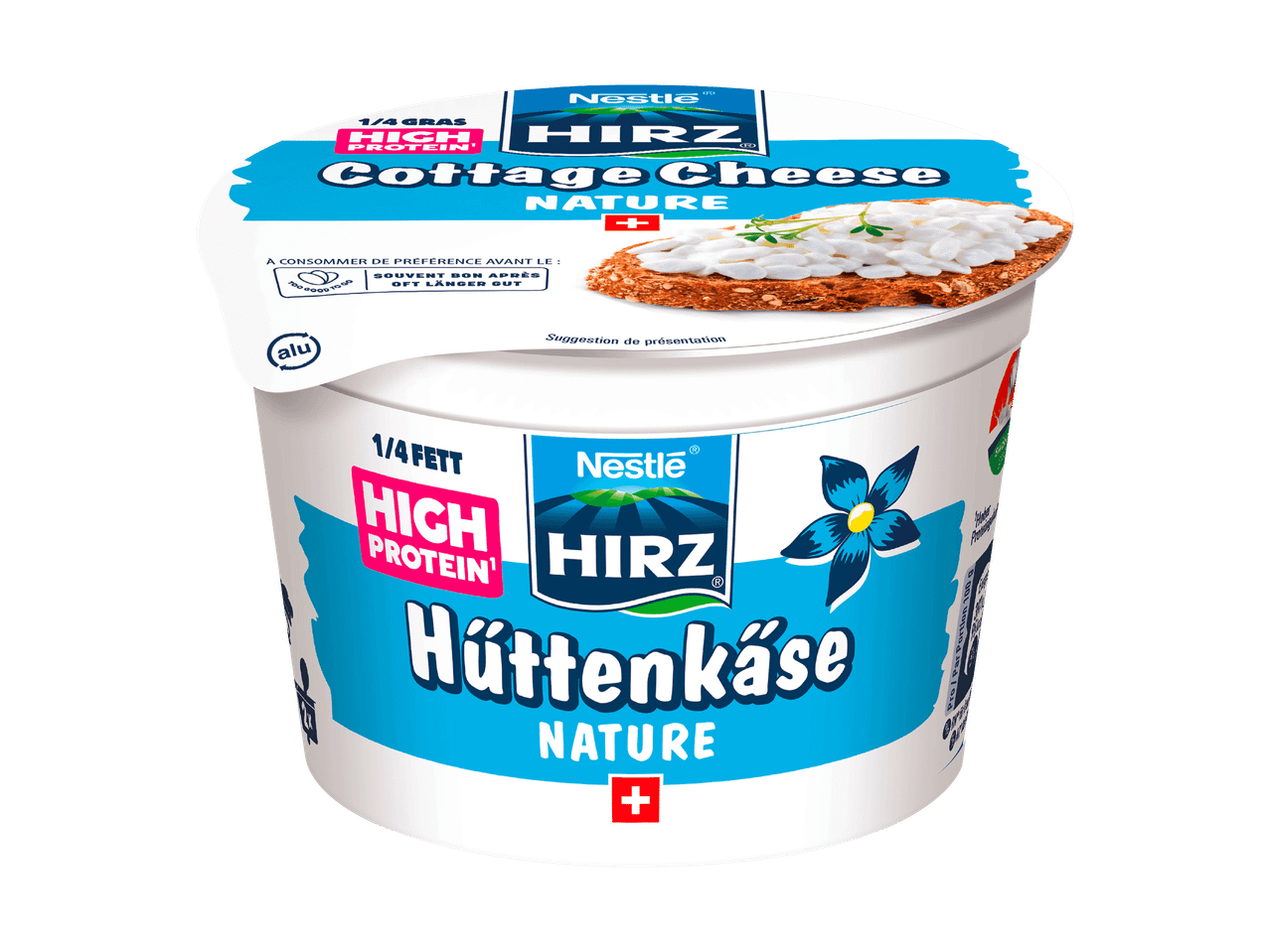 Becher mit Hüttenkäse Natur, 1/4 Fett, High Protein, mit Brot und Kräutern