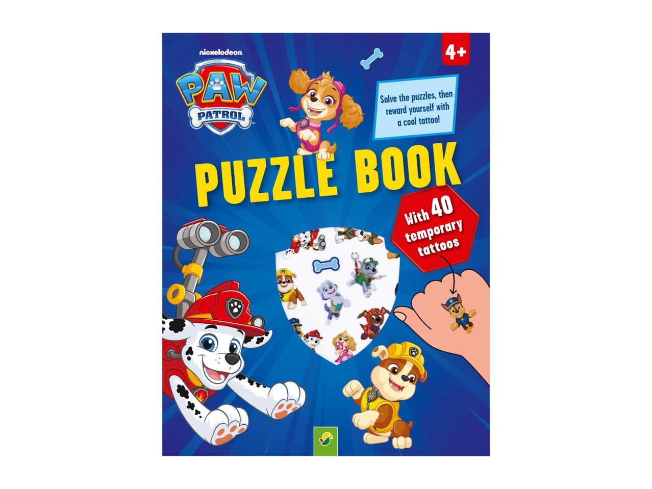 Paw Patrol puzzle book with 40 temporary tattoos, featuring Marshall, Skye, and Rubble.