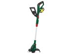 Green and black Parkside cordless grass trimmer with a yellow X over the battery.