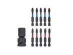 Black screwdriver bits with blue and red bands, and a black impact socket adapter.