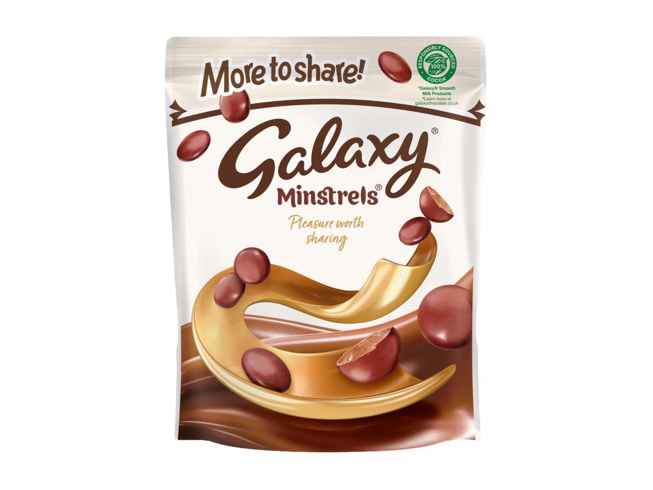 A sharing bag of chocolate buttons with crispy shells, featuring a golden swirl design.