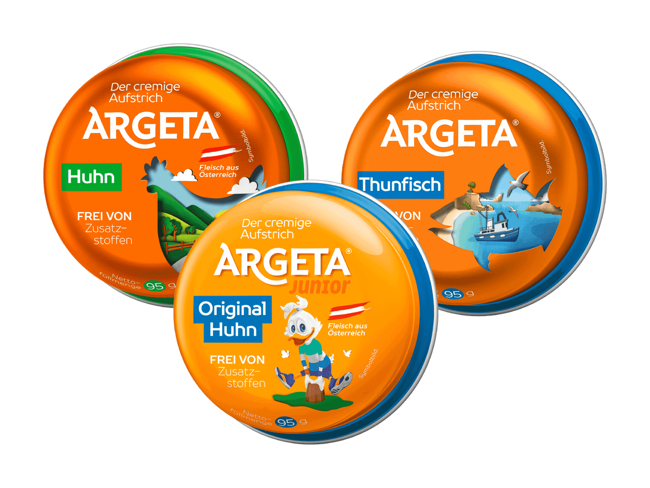 Drei Argeta Brotaufstriche: Huhn, Thunfisch und Original Huhn Junior.
