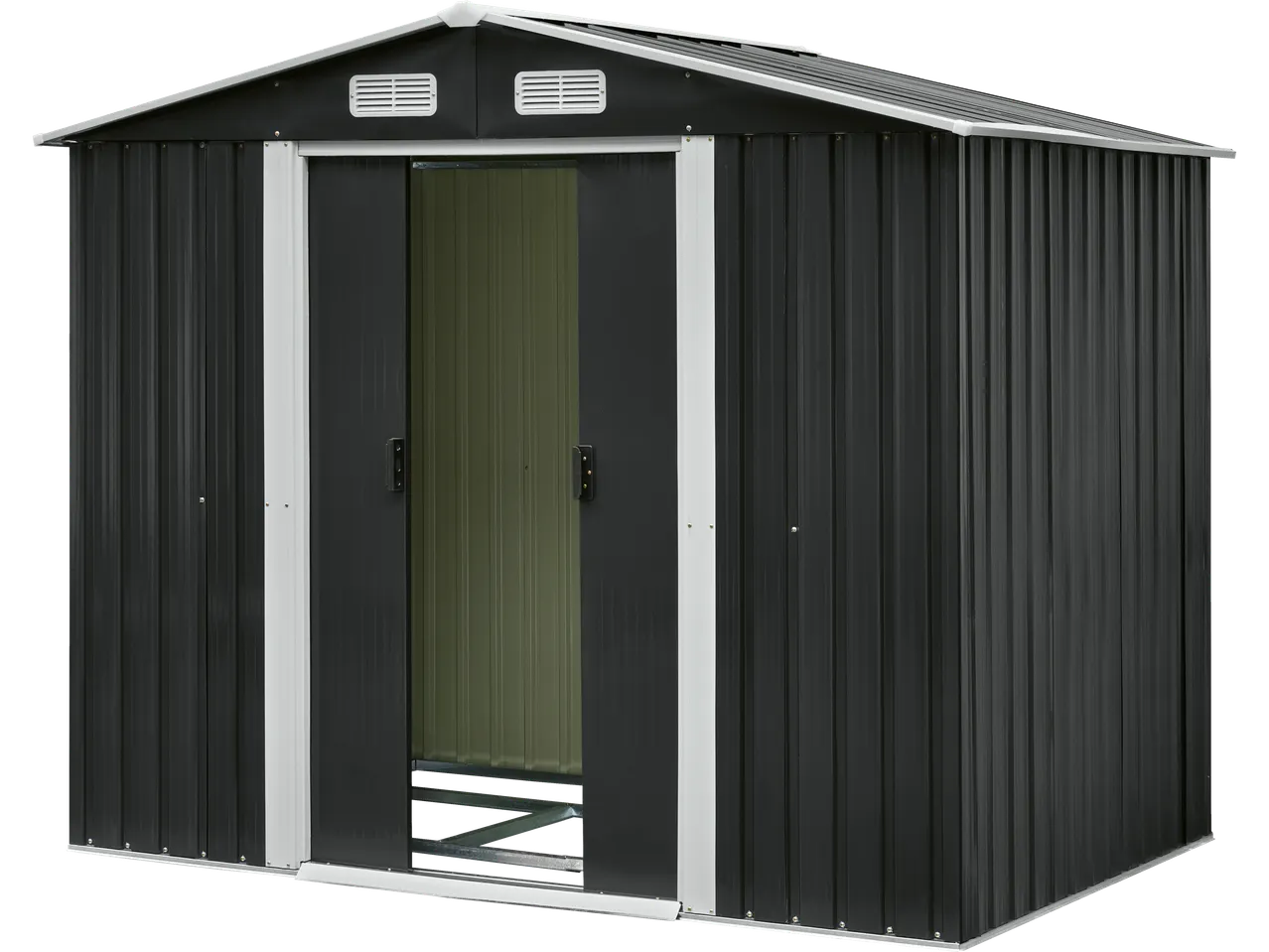 Dark grey garden shed with white accents and an open door.