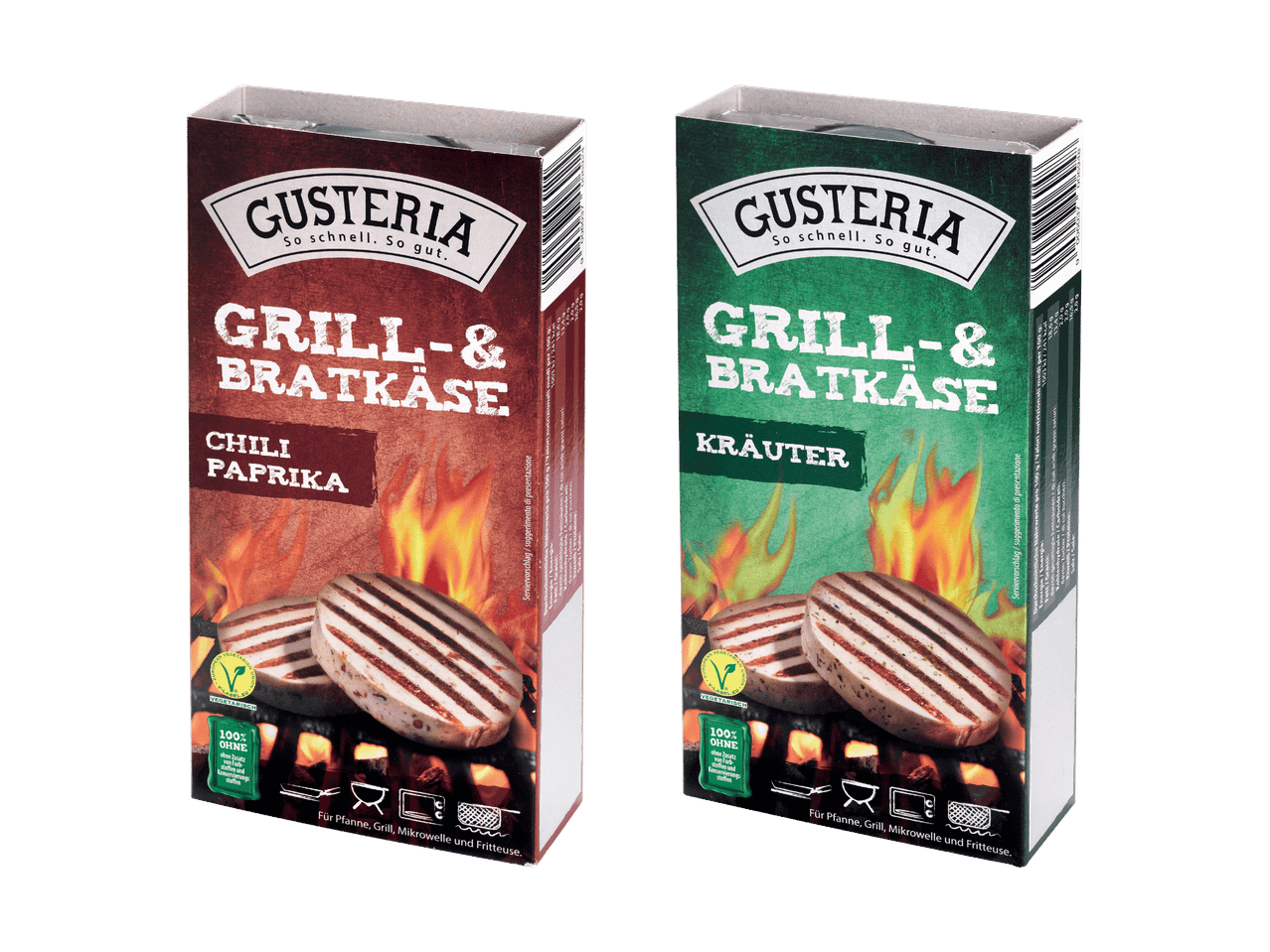 Zwei Packungen Gusteria Grill- & Bratkäse in den Sorten Chili Paprika und Kräuter.