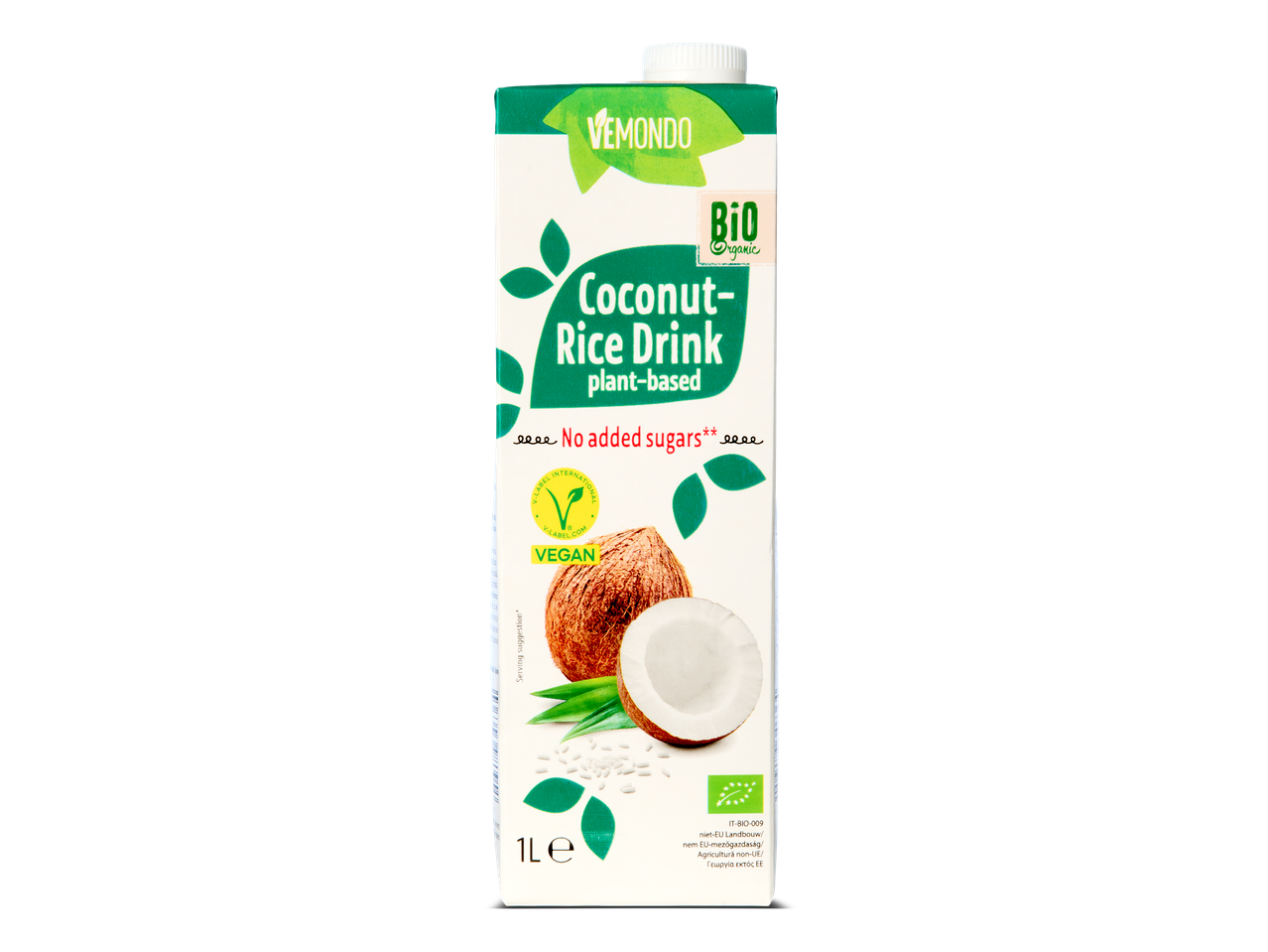 Biologische kokos-rijstdrank op plantaardige basis, zonder toegevoegde suikers, 1 liter.