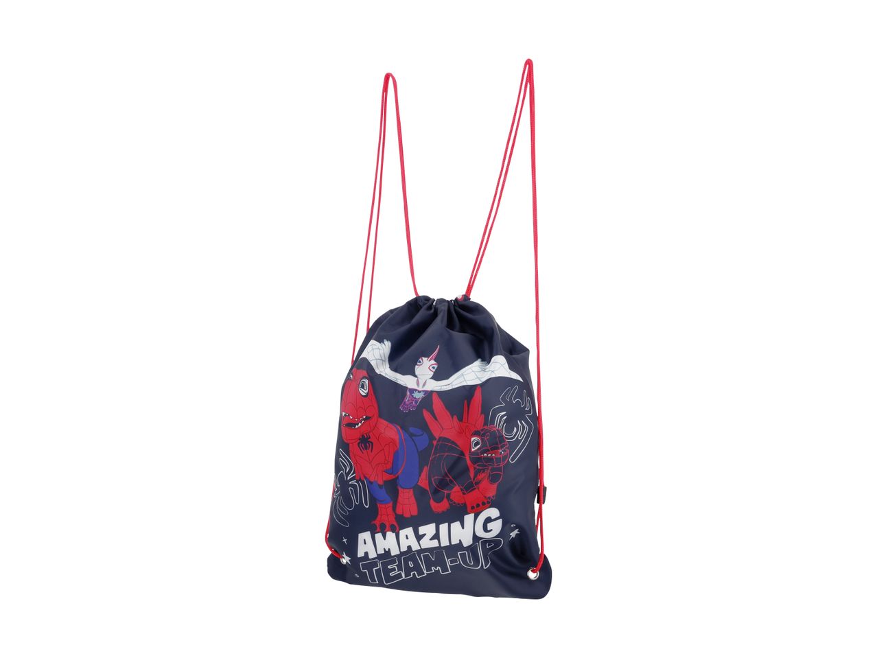 Navy blue drawstring bag with red cords, featuring cartoon dinosaur characters and text 'AMAZING TEAM-UP'.