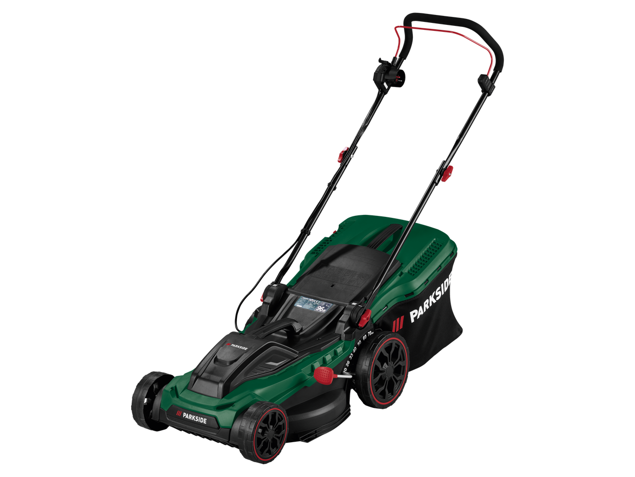 Roheline Parkside® elektri muruniiduk mustade ja punaste detailidega.