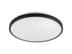 Um lustre de teto redondo com moldura preta e cúpula branca.