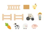 Wooden farm-themed toy set with fences, tractor, farmer, chicken, cow, sheep, pig, and carrot.
