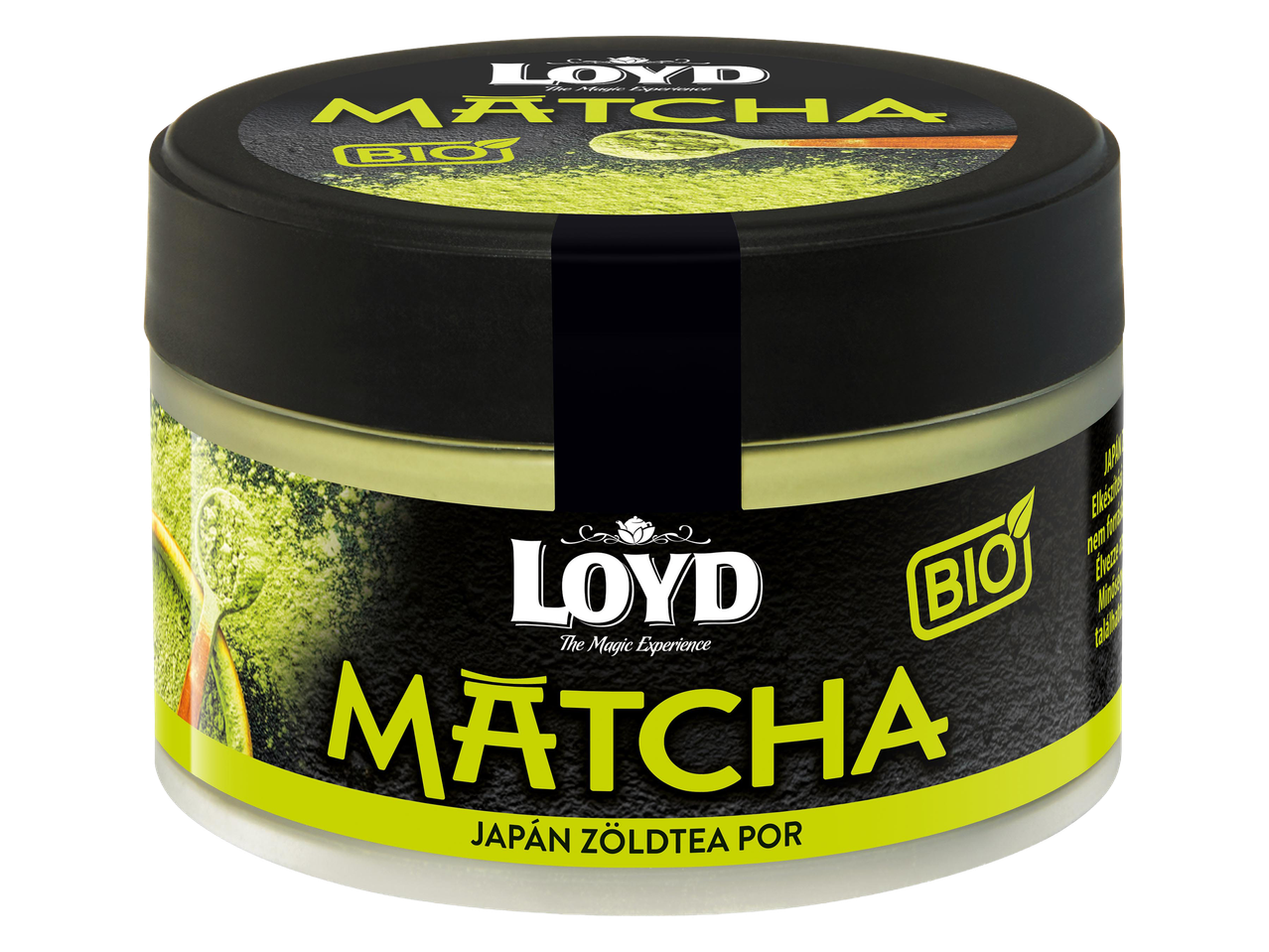 Matcha zöld tea por fekete tégelyben, zöld feliratokkal.