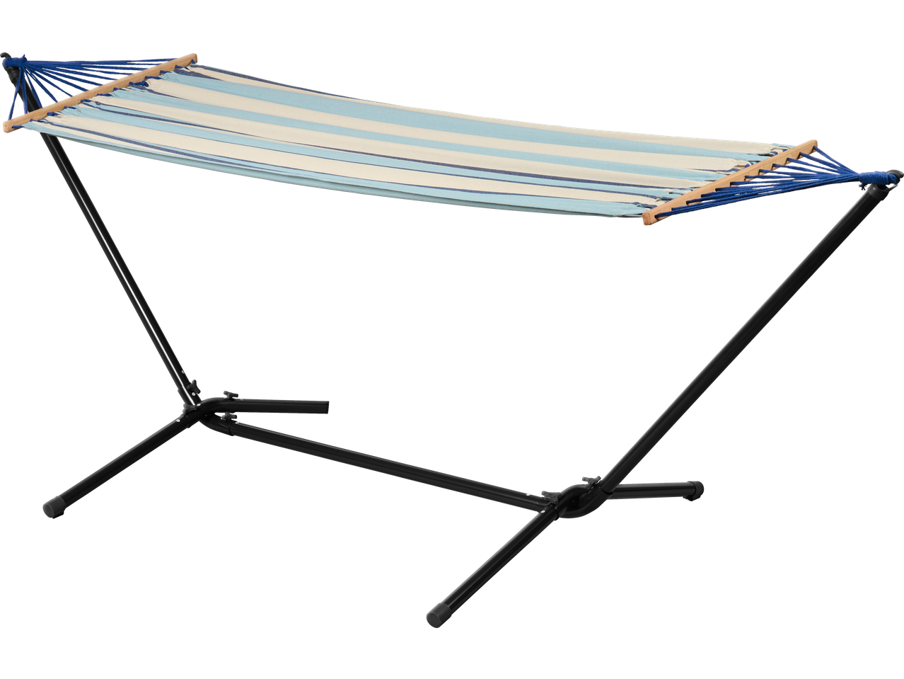 Livarno Hammock with Frame, striped in blue, light blue, and cream, on a black stand.