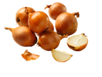Uma coleção de cebolas inteiras e cortadas, incluindo uma casca de cebola, em fundo preto.