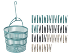 W5 clothes pegs in various colors and a matching basket.