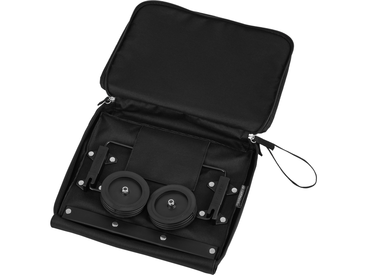 'Topmove' sulankstomas vežimėlis su ratukais, supakuotas į nešiojimo dėklą.