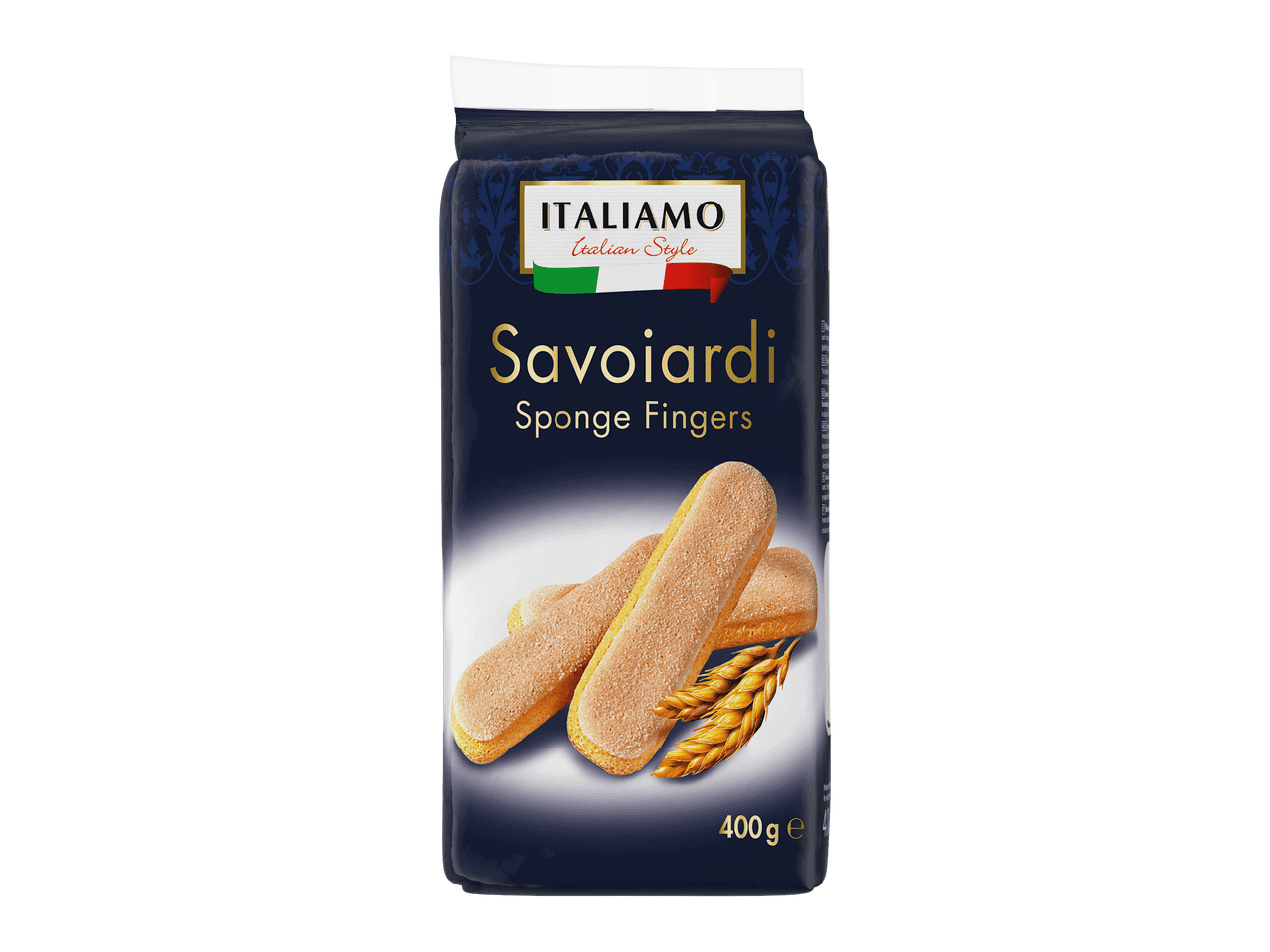 Savoijardikeksipakkaus, jossa on kaksi keksiä ja vehnäntähkiä, teksti 'Savoijardi Sienisormet'.