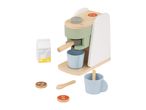 Wooden toy coffee machine set with cups, milk carton, and coffee bean tokens.