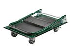 Foldable platform trolley with a green frame and black non-slip surface, featuring four wheels.