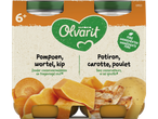 Aliment pour bébé Olvarit à la citrouille, carotte et poulet pour les bébés de 6 mois et plus.