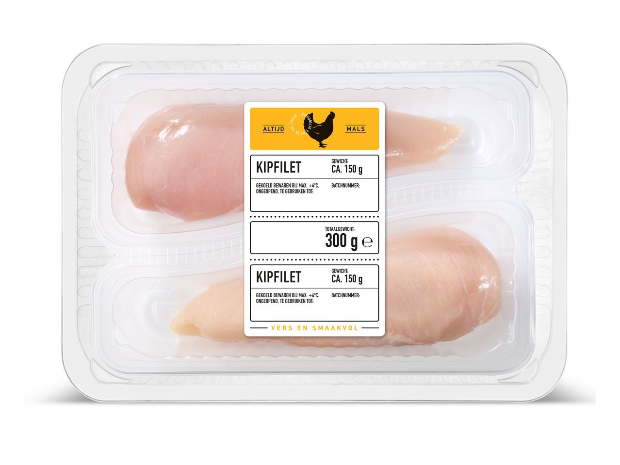 Twee Mals kipfilets in plastic verpakking.