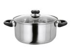 Stainless steel cooking pot with a glass lid and black handles