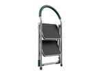 Two-step folding ladder with a green handle and non-slip steps.
