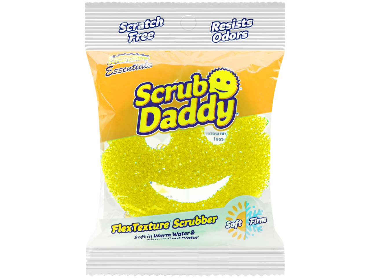 Scrub Daddy FlexTexture sūklis: dzeltenā krāsā, nesaskrāpē, izturīgs pret smakām.