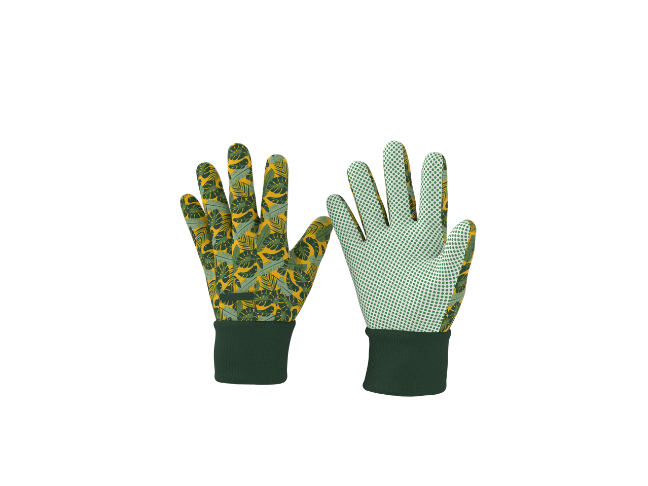 Um par de luvas de jardinagem com padrão tropical e pontos antiderrapantes.