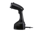 Black handheld garment steamer with a brush attachment, water tank, and power cord.