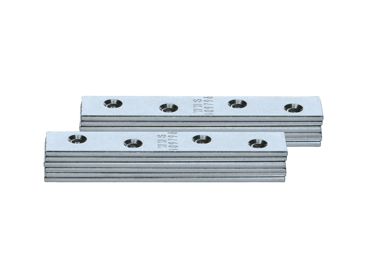 Duas pilhas de conectores planos prateados Parkside® com orifícios para parafusos.