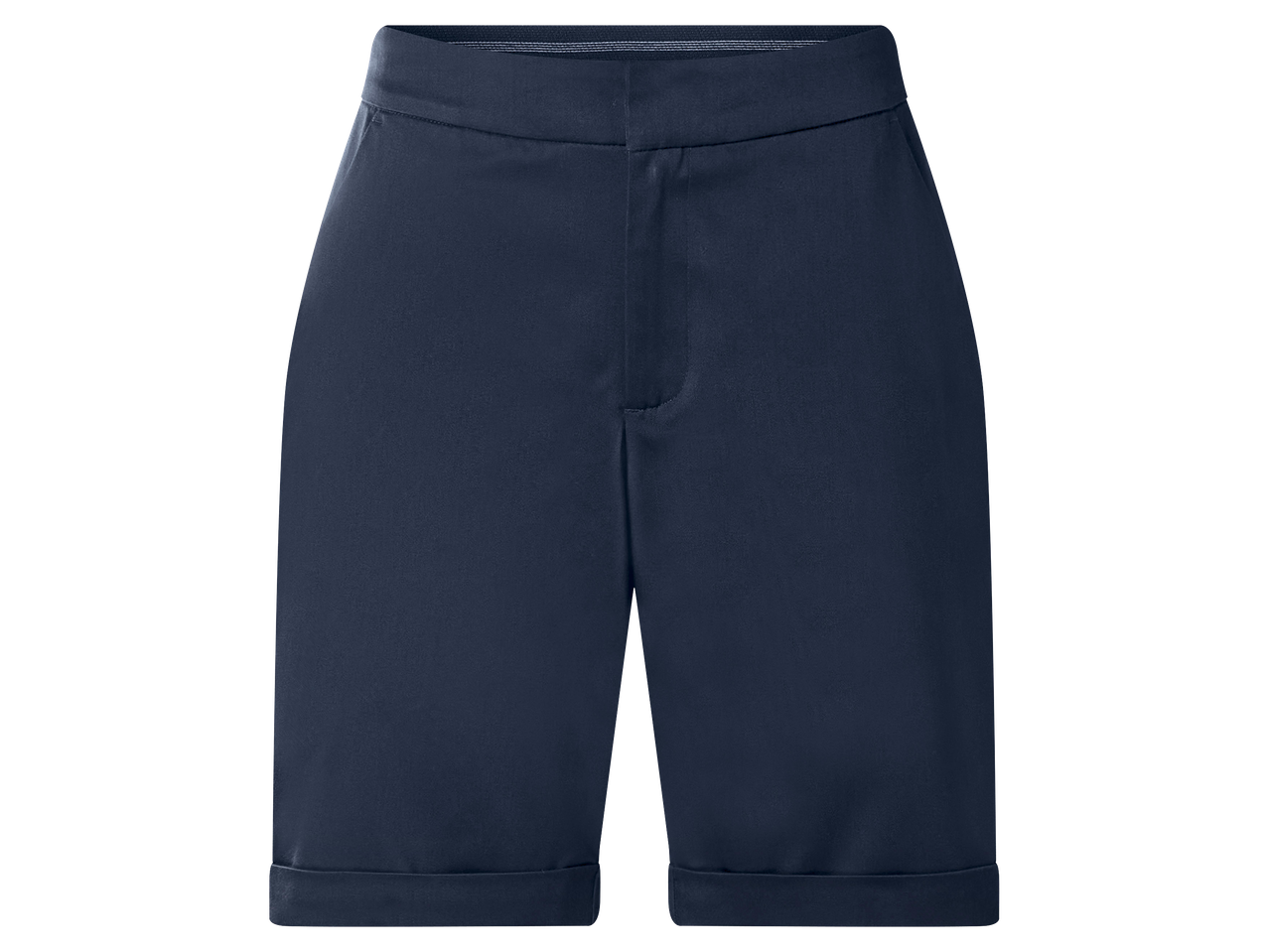 Sötétkék, térdig érő női rövidnadrág felhajtott szegéllyel.