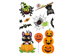Különböző halloweeni matricák gyűjteménye, köztük tökök, denevérek, pókok és egy fekete macska.