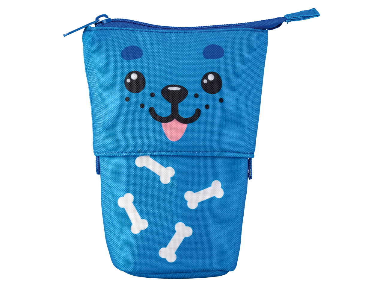 Estojo azul com motivo de cão e ossos brancos, ideal para canetas de gel.