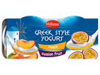 Yaourt à la grecque Milbona aux saveurs pêche et fruit de la passion.